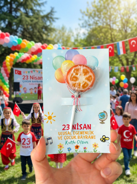 23 Nisan Temalı Kesikli 10 Adet 14x9 Cm Tebrik Bileklik Lolipop Hediye Kartı - 23 Nisan Hediyesi