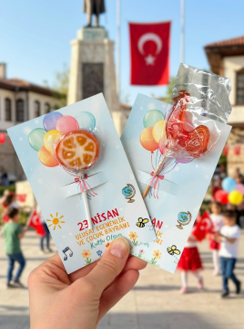23 Nisan Temalı Kesikli 10 Adet 14x9 Cm Tebrik Bileklik Lolipop Hediye Kartı - 23 Nisan Hediyesi