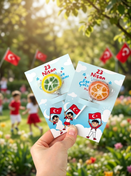 23 Nisan Temalı Kesikli 10 Adet 14x9 Cm Tebrik Bileklik Lolipop Hediye Kartı - 23 Nisan Hediyesi