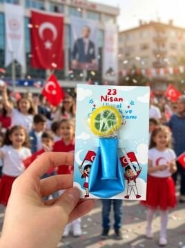 23 Nisan Temalı Kesikli 10 Adet 14x9 Cm Tebrik Bileklik Lolipop Hediye Kartı - 23 Nisan Hediyesi