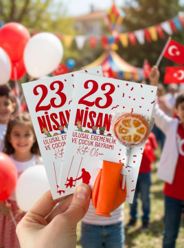 23 Nisan Temalı Kesikli 10 Adet 14x9 Cm Tebrik Bileklik Lolipop Hediye Kartı - 23 Nisan Hediyesi