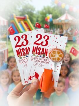 23 Nisan Temalı Kesikli 10 Adet 14x9 Cm Tebrik Bileklik Lolipop Hediye Kartı - 23 Nisan Hediyesi