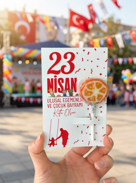 23 Nisan Temalı Kesikli 10 Adet 14x9 Cm Tebrik Bileklik Lolipop Hediye Kartı - 23 Nisan Hediyesi