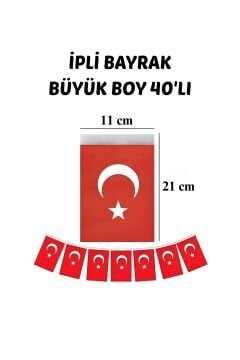 İpli Bayrak Büyük Boy 40'lı 11x21 Cm 1 Paket Türk Bayrağı Kağıt İpli Sıralı Ayyıldız Bayrak Sınıf Süsü