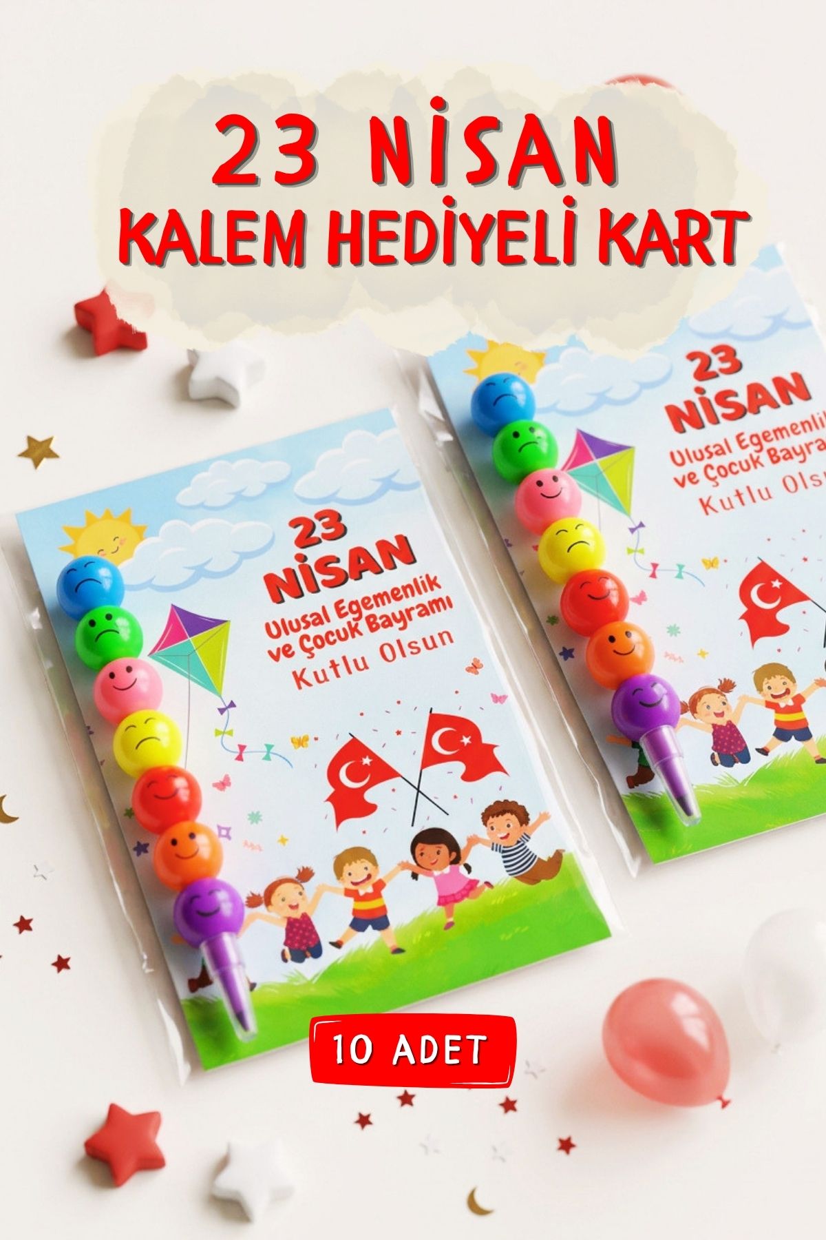23 Nisan Hediyesi 10 Adet Kartlı Emoji Kurşun Kalem Çocuk Bayramı Hediyelik Model 1