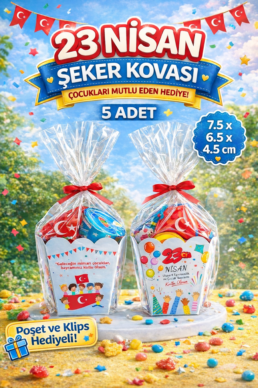 23 Nisan Şeker Kovası 5 Adet Hediyelik Kutu Çocuk Bayramı Hediye Paketi