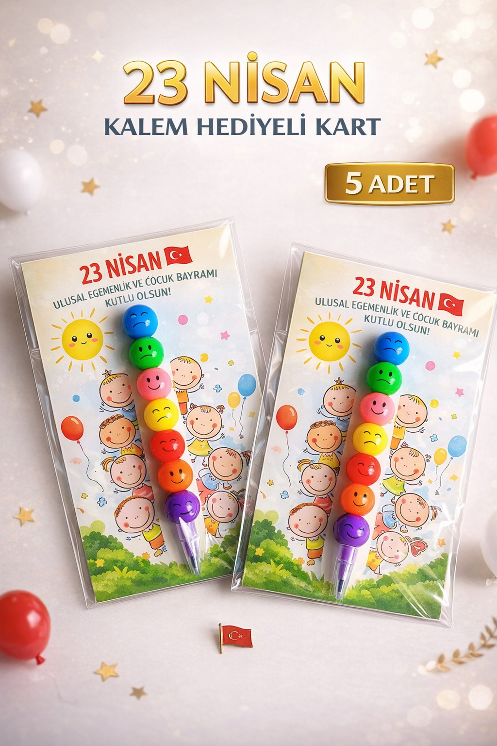 23 Nisan Hediyesi 5 Adet Kartlı Emoji Kurşun Kalem Çocuk Bayramı Hediyelik Model 2