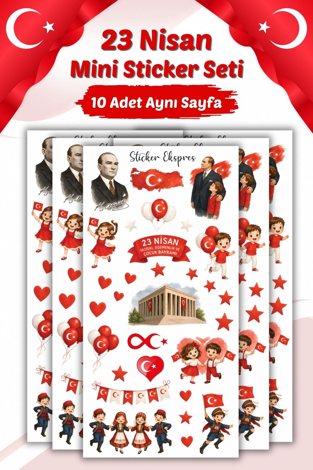 10 Sayfa 23 Nisan Mini Sticker Seti Çocuk Bayramı Hediye Sticker Okul Sınıf Etkinlik