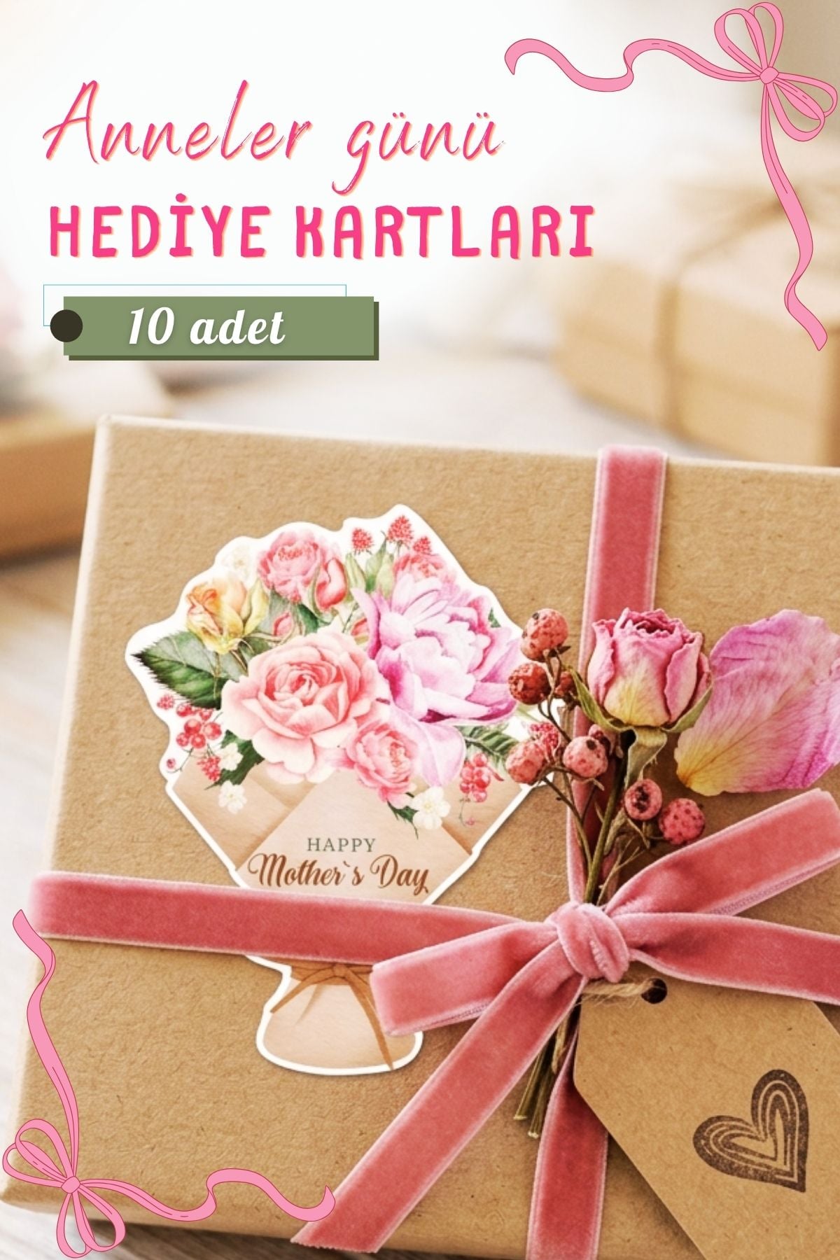 Anneler Günü Tebrik Kartı 10 Adet Özel Kesimli Hediye Paketleme Kartı