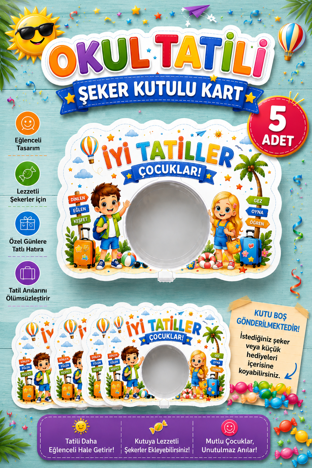 5 Adet Okul Yaz Tatili Hediyelik Şeker Kutusu Karne Mezuniyet Hediyesi
