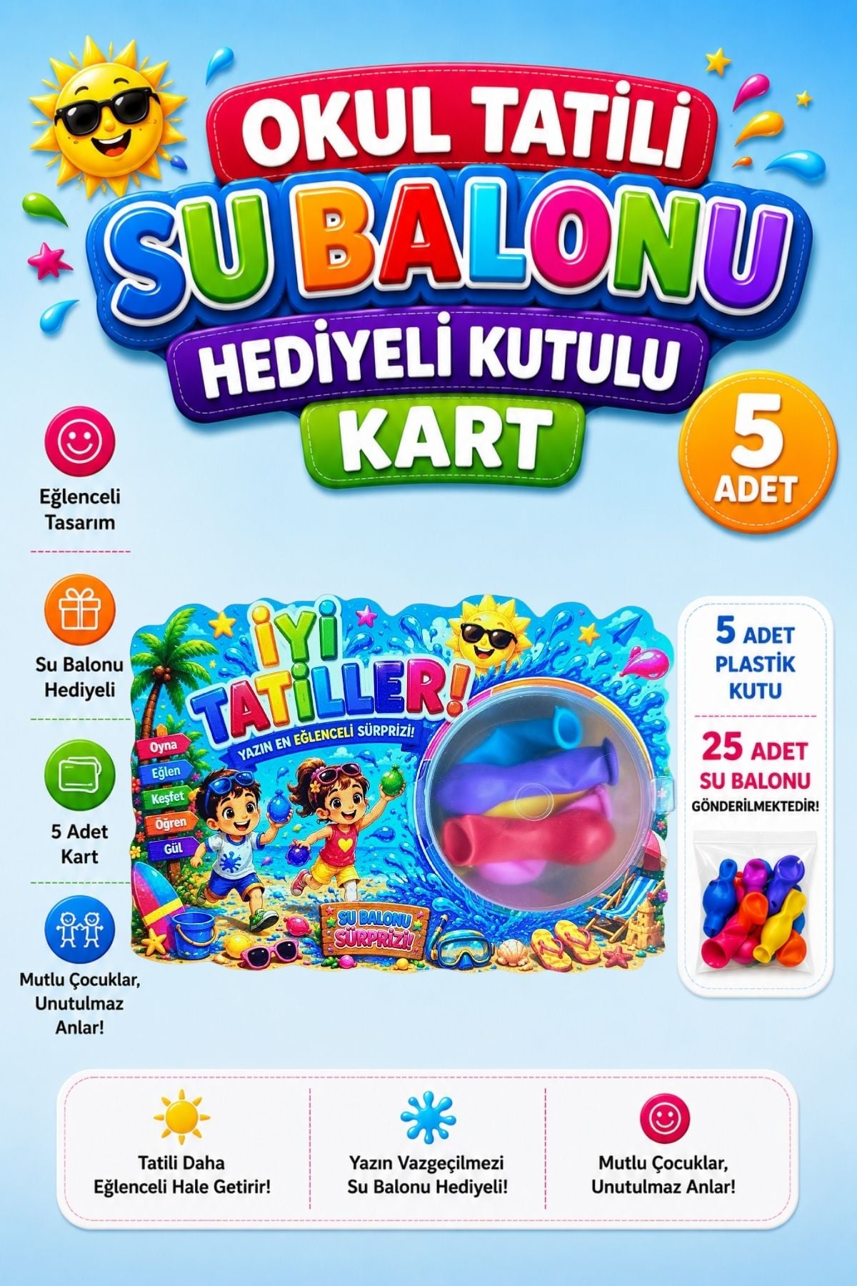 5 Adet Okul Yaz Tatili Su Balonu Hediyeli Kutulu Kart Karne Mezuniyet Hediyesi