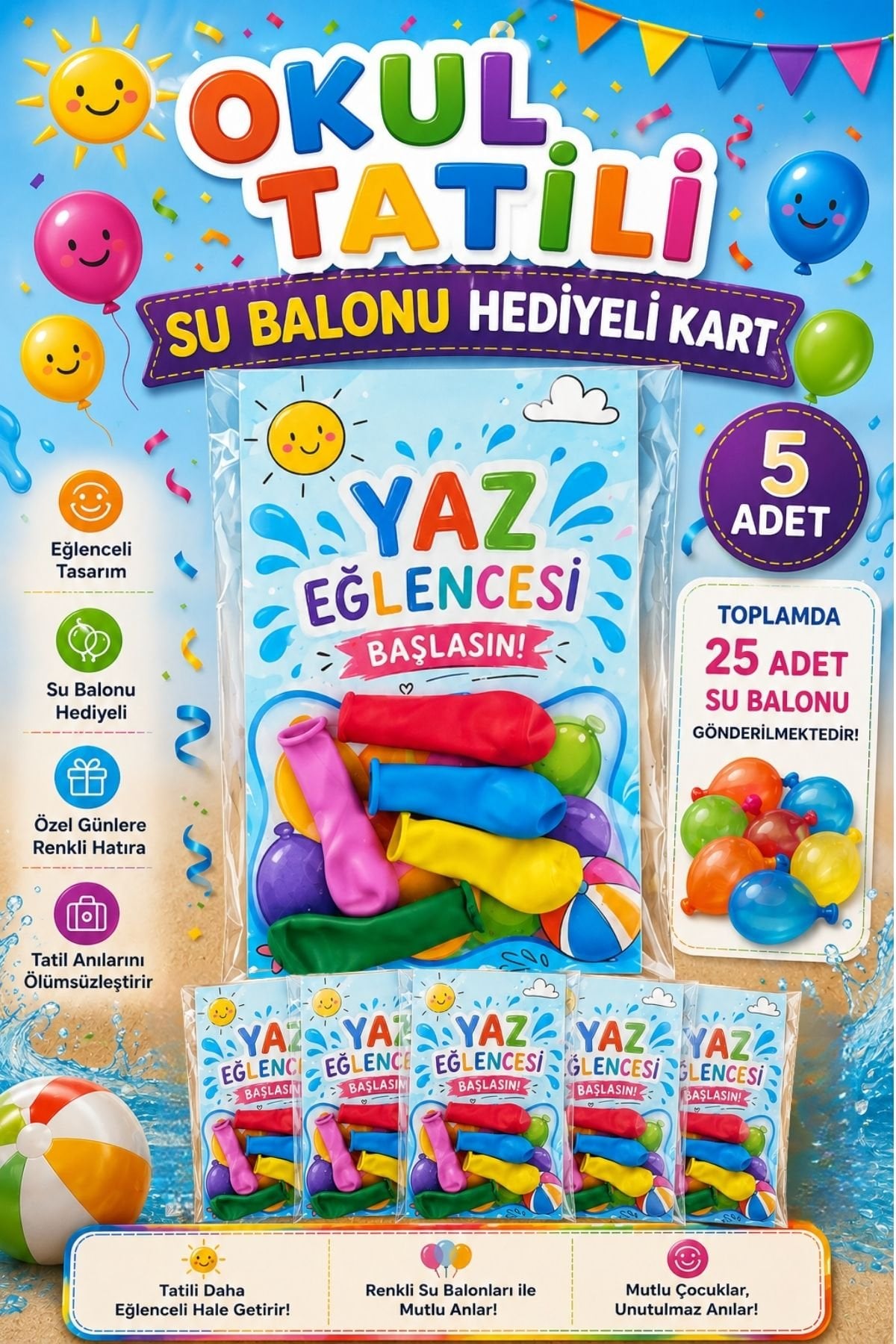 5 Adet Okul Yaz Tatili Su Balonu Hediyeli Poşetli Kart Karne Mezuniyet Hediyesi
