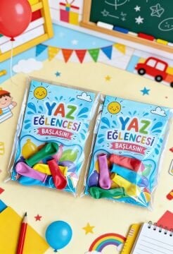 5 Adet Okul Yaz Tatili Su Balonu Hediyeli Poşetli Kart Karne Mezuniyet Hediyesi