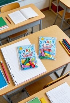 5 Adet Okul Yaz Tatili Su Balonu Hediyeli Poşetli Kart Karne Mezuniyet Hediyesi
