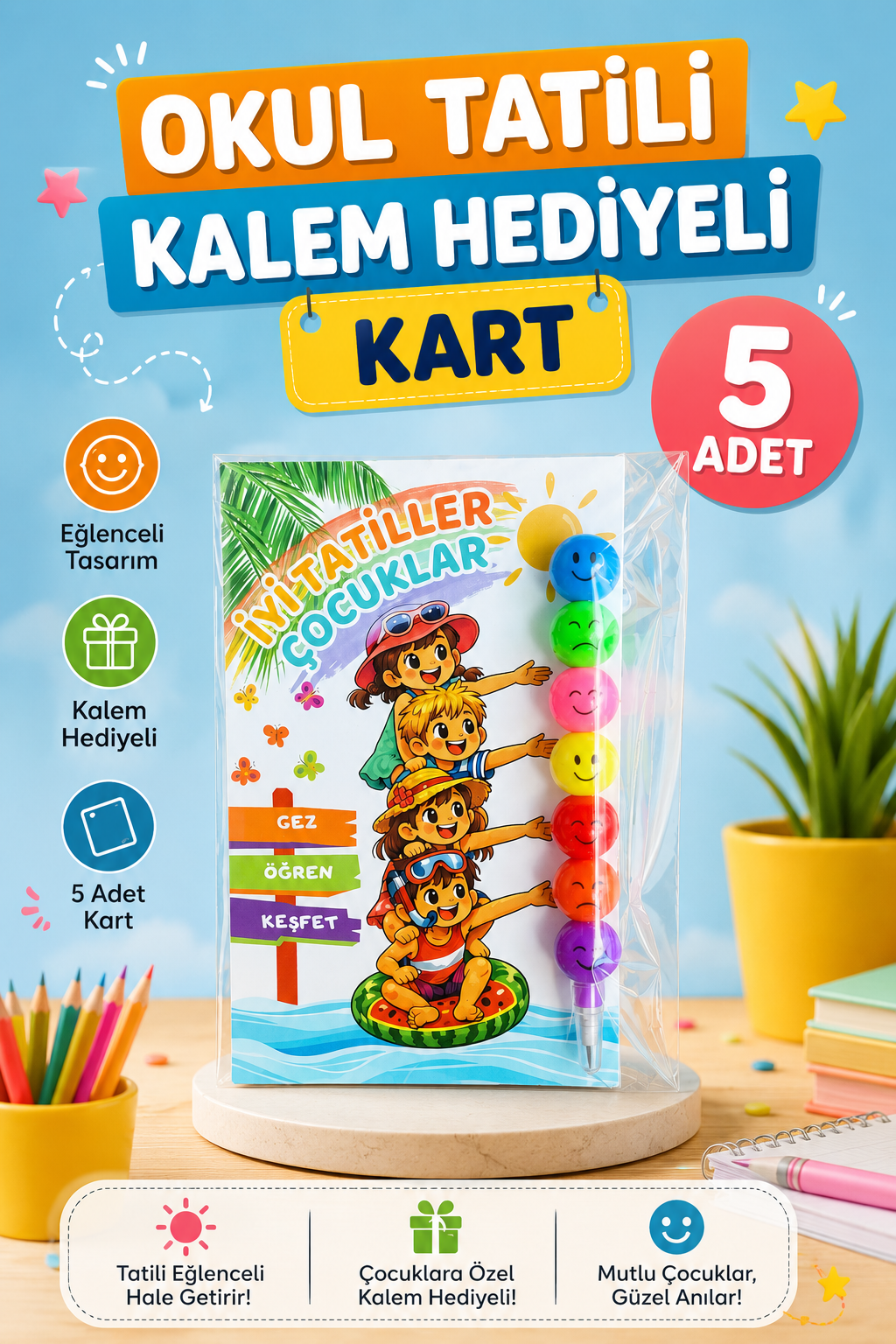 Okul Yaz Tatili Hediyesi Kartlı Emoji Yumurtlayan Emojili Kalem 5 Adet Karne Hediyesi