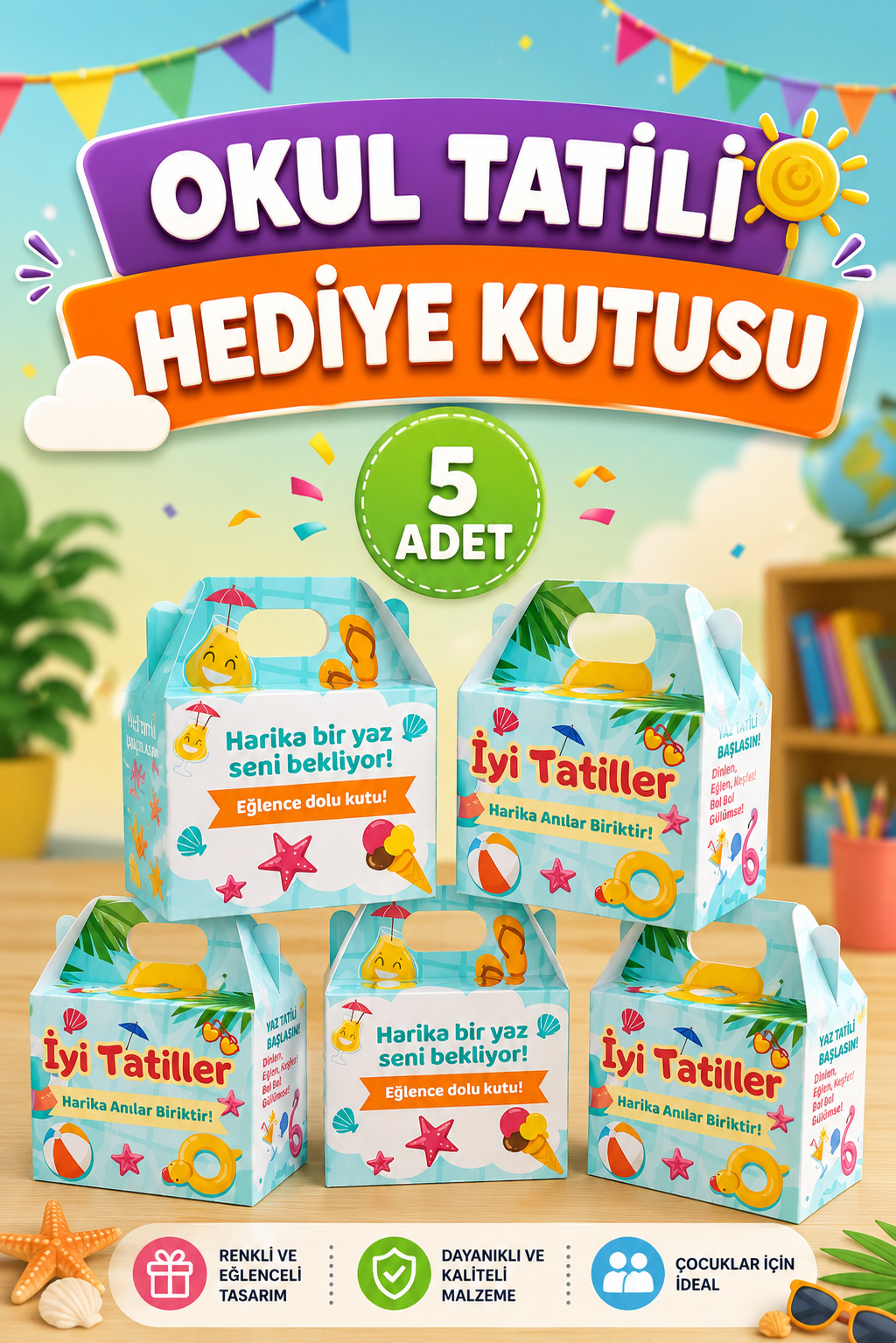 5 Adet Okul Yaz Tatili Hediye Kutusu Karne Mezuniyet Hediyesi Tatil Hediye Paketi