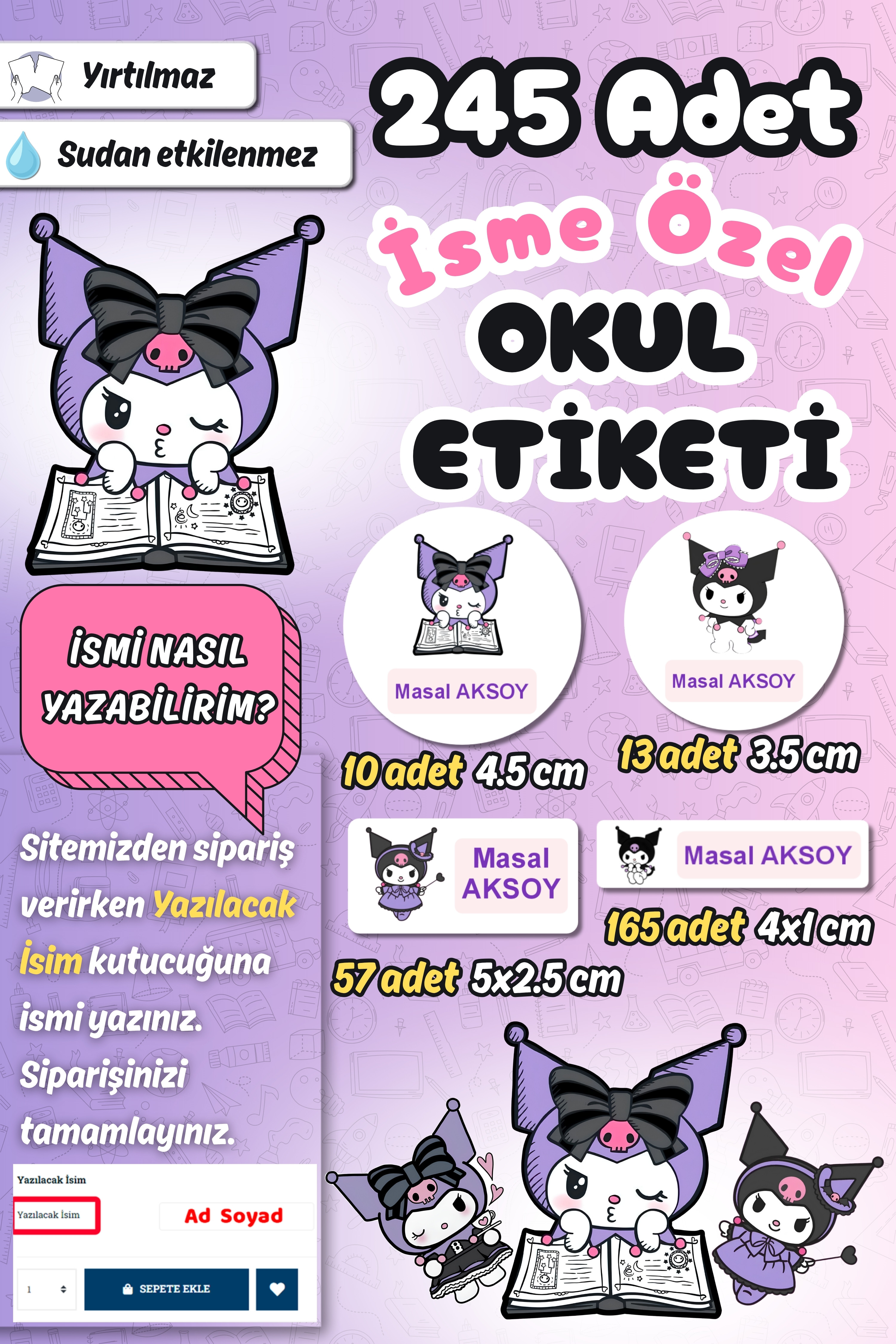 Okul Etiketi Lila Pembe Kuromi Kalem Defter Etiketi Özel İsim Yazılabilen Etiket 245 Adet İsim Etiketi