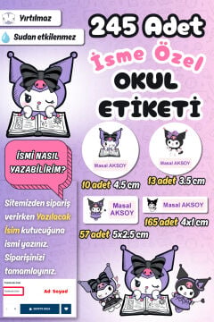 Okul Etiketi Lila Pembe Kuromi Kalem Defter Etiketi Özel İsim Yazılabilen Etiket 245 Adet İsim Etiketi
