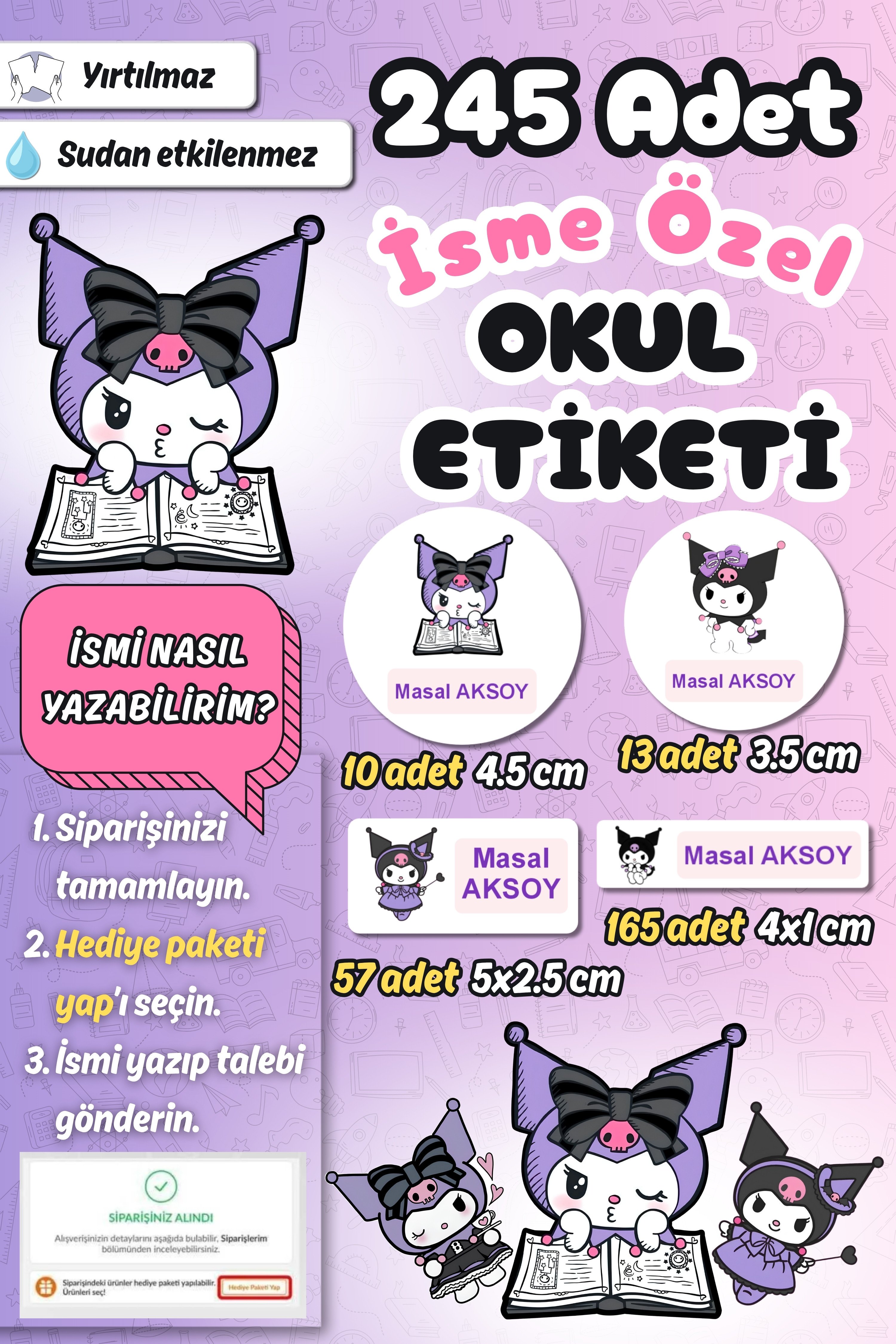 Okul Etiketi Lila Pembe Kuromi Kalem Defter Etiketi Özel İsim Yazılabilen Etiket 245 Adet İsim Etiketi