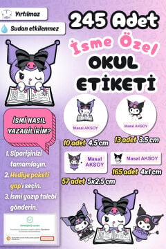 Okul Etiketi Lila Pembe Kuromi Kalem Defter Etiketi Özel İsim Yazılabilen Etiket 245 Adet İsim Etiketi