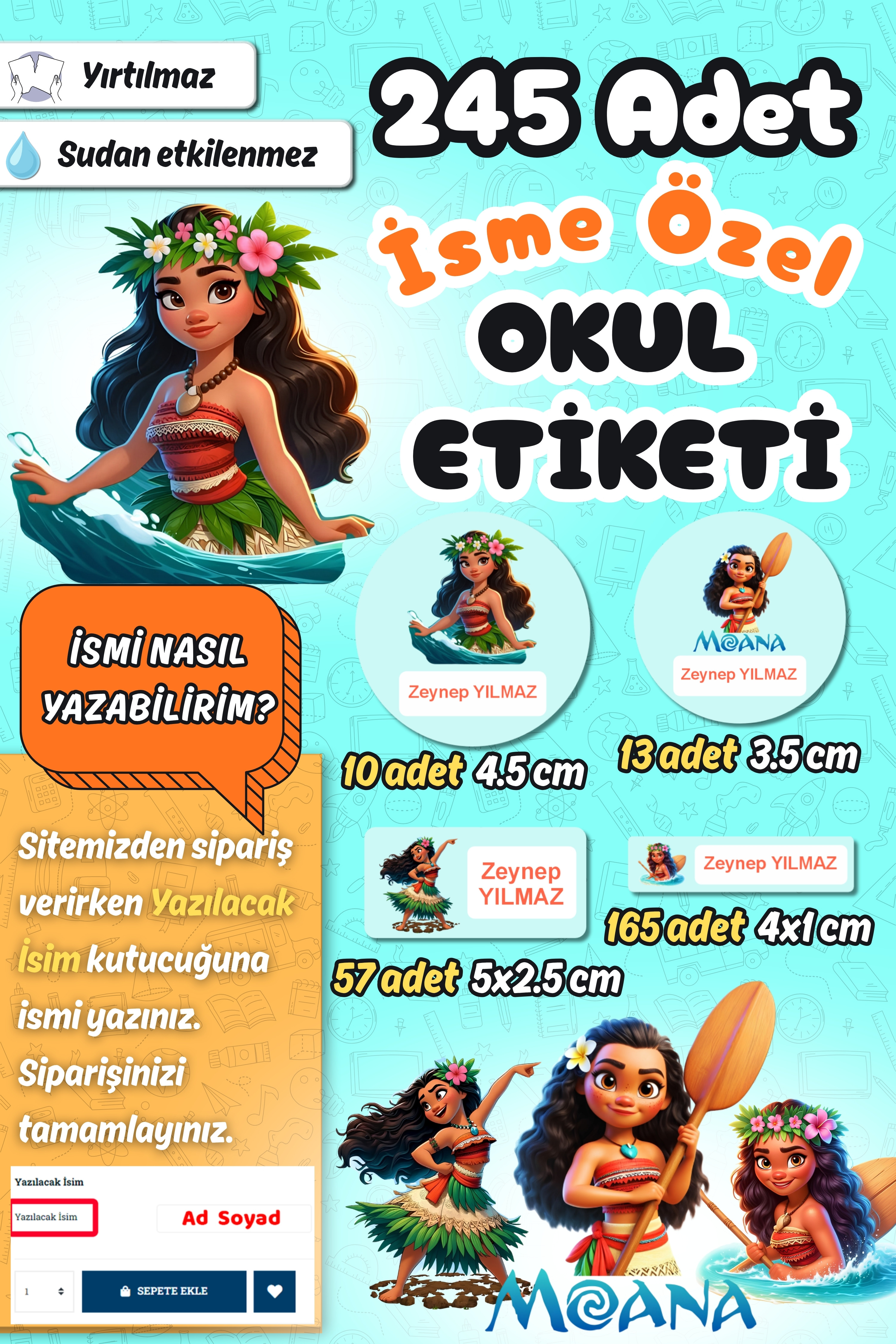 Okul Etiketi Moana Temalı Kalem Defter Etiketi Özel İsim Yazılabilen Etiket 245 Adet İsim Etiketi