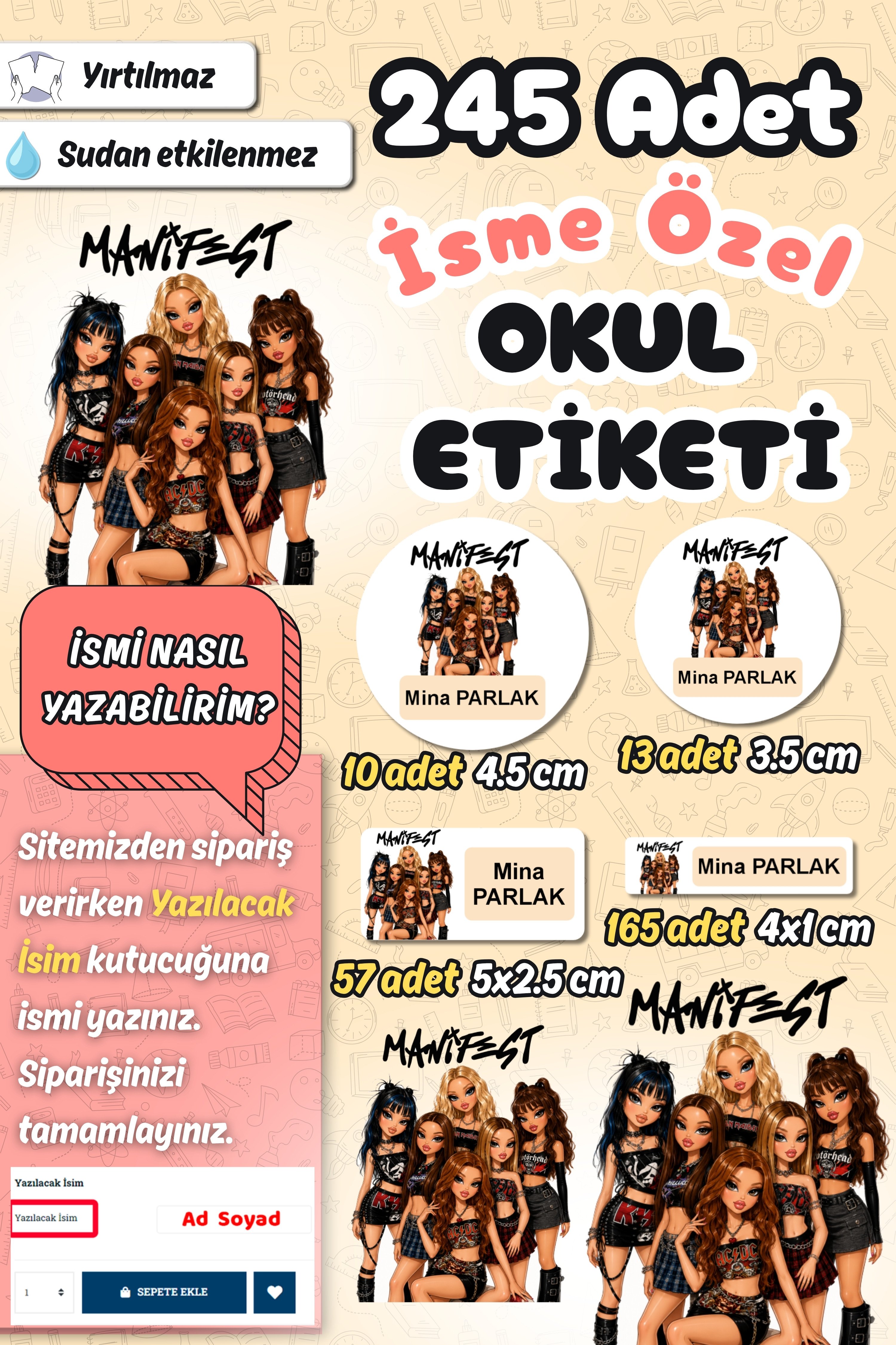 Okul Etiketi Manifest Temalı Kalem Defter Etiketi Özel İsim Yazılabilen Etiket 245 Adet İsim Etiketi