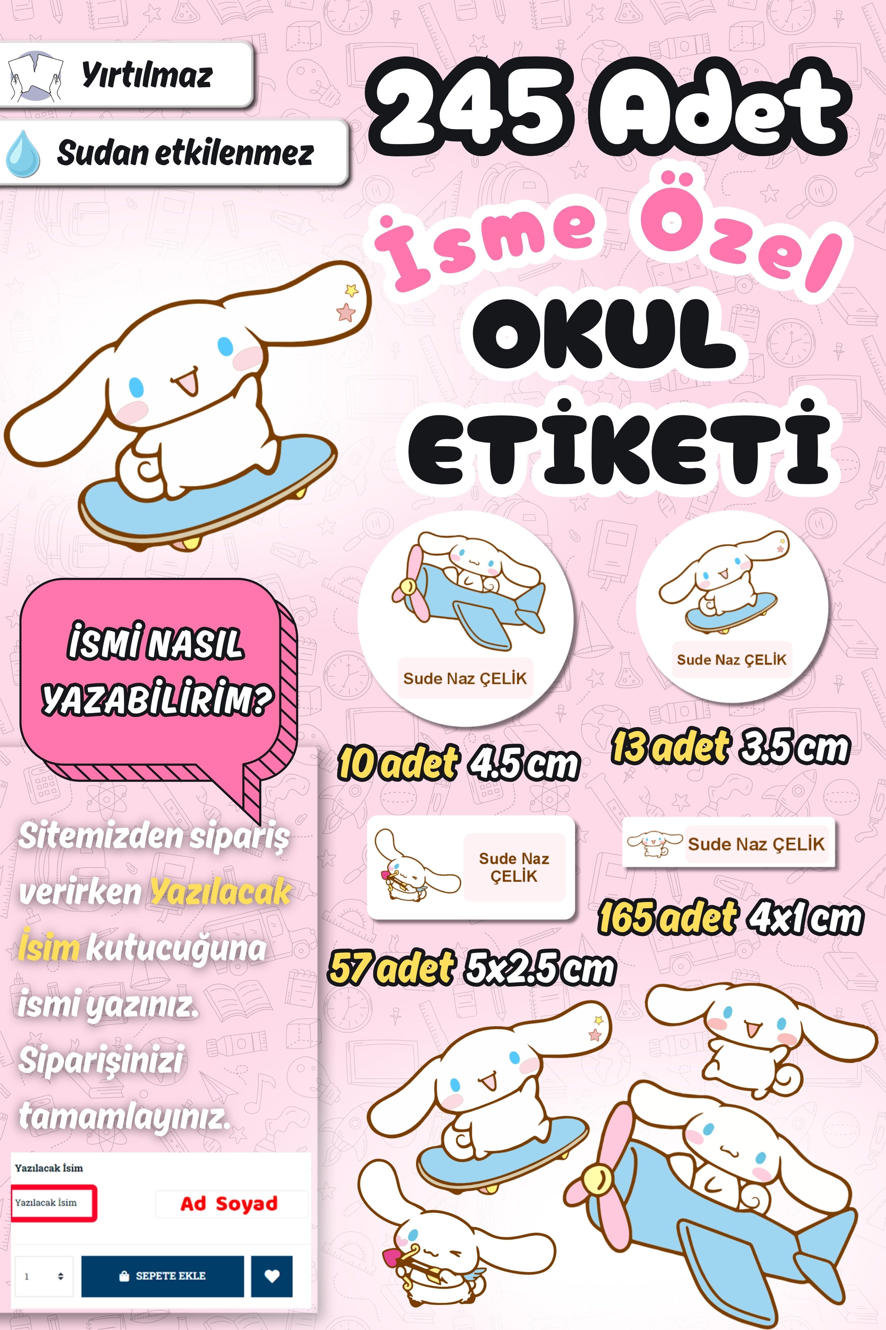 Okul Etiketi Cinnamoroll Temalı Kalem Defter Etiketi Özel İsim Yazılabilen Etiket 245 Adet İsim Etiketi