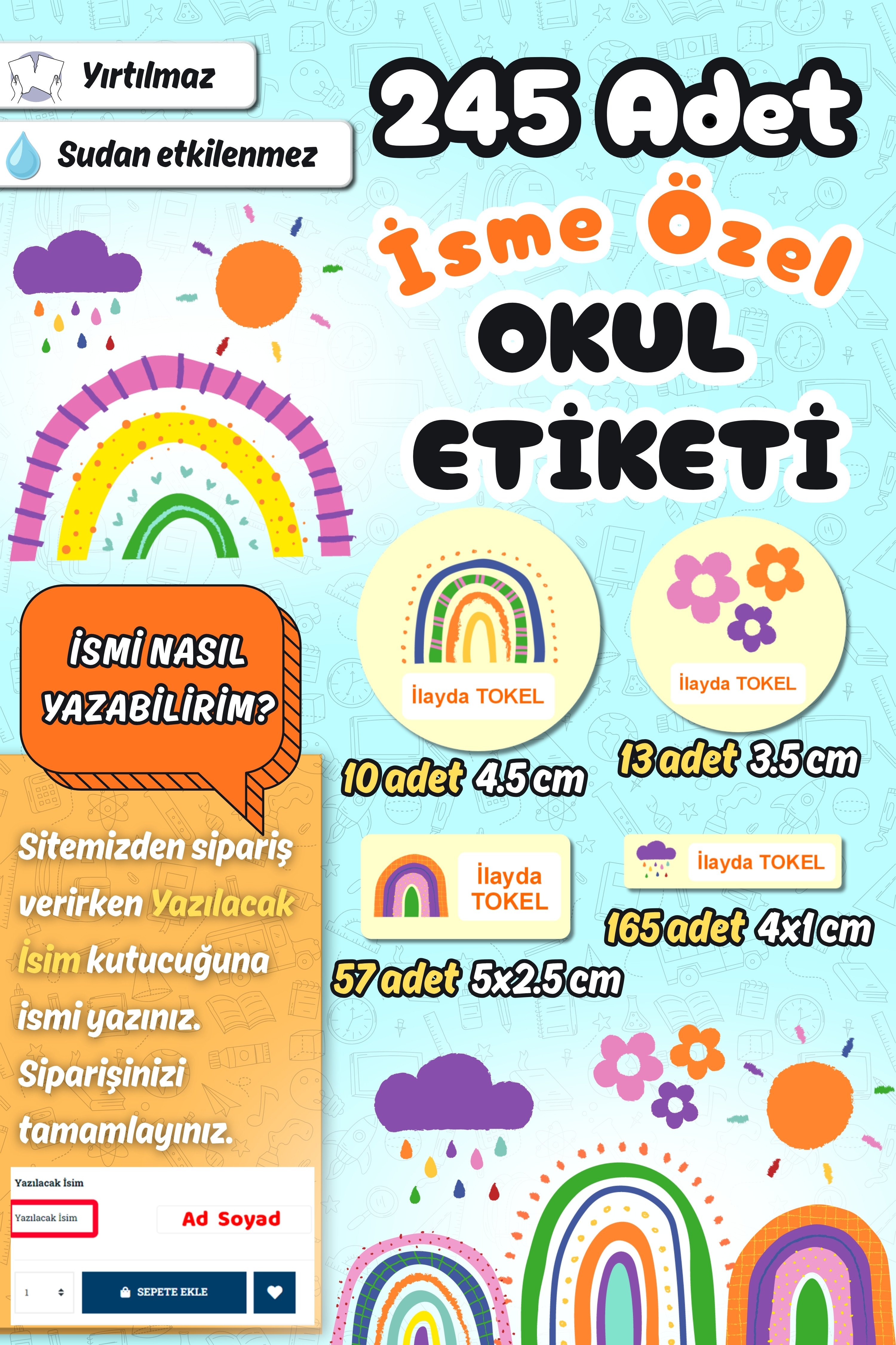 Okul Etiketi Renkli Gökkuşakları Kalem Defter Etiketi Özel İsim Yazılabilen Etiket 245 Adet İsim Etiketi