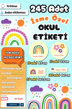 Okul Etiketi Renkli Gökkuşakları Kalem Defter Etiketi Özel İsim Yazılabilen Etiket 245 Adet İsim Etiketi