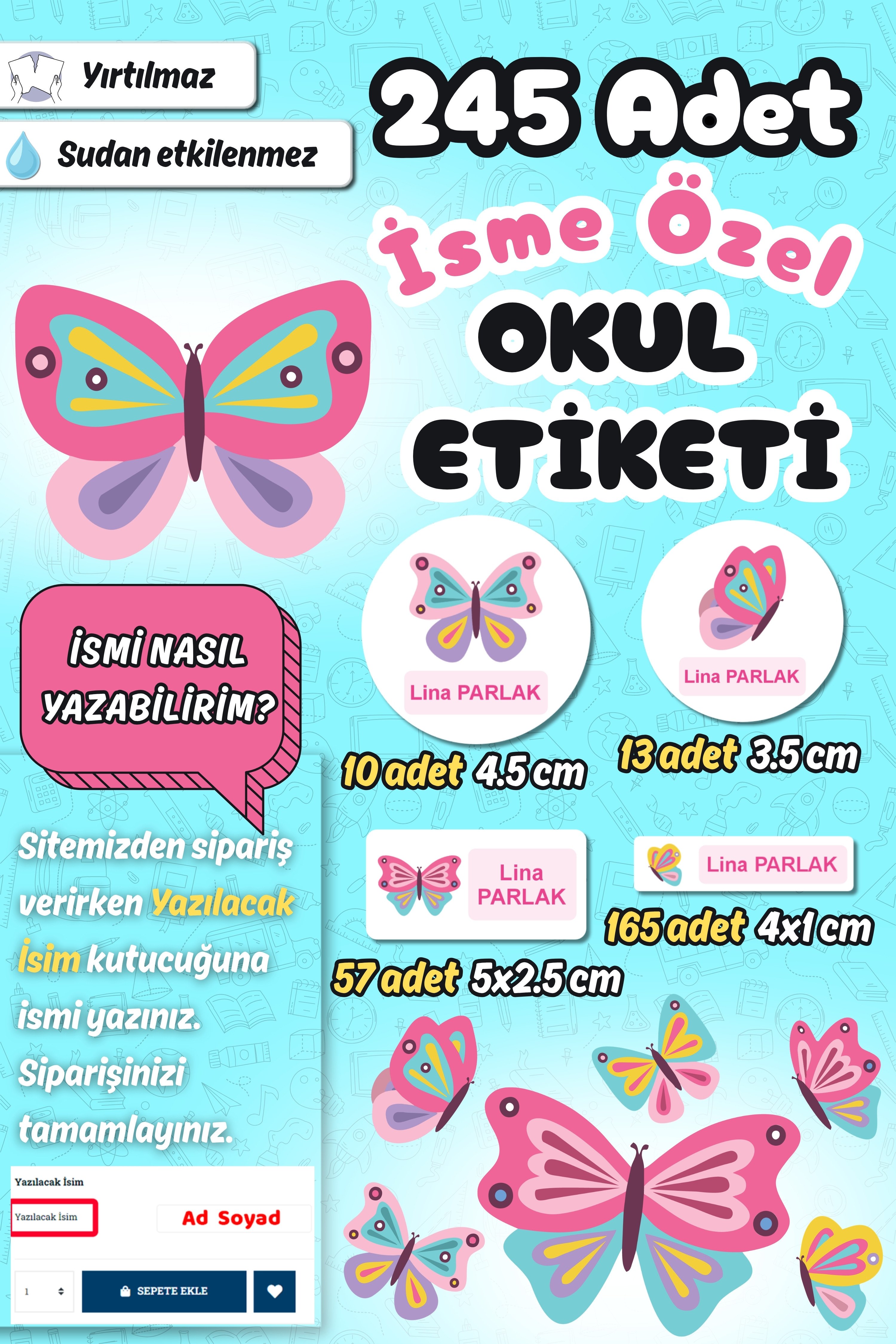 Okul Etiketi Kelebek Temalı Kalem Defter Etiketi Özel İsim Yazılabilen Etiket 245 Adet İsim Etiketi