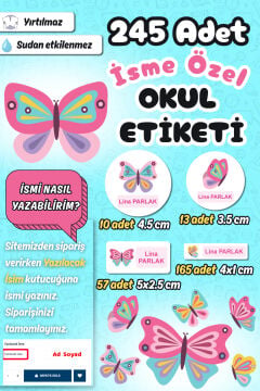 Okul Etiketi Kelebek Temalı Kalem Defter Etiketi Özel İsim Yazılabilen Etiket 245 Adet İsim Etiketi