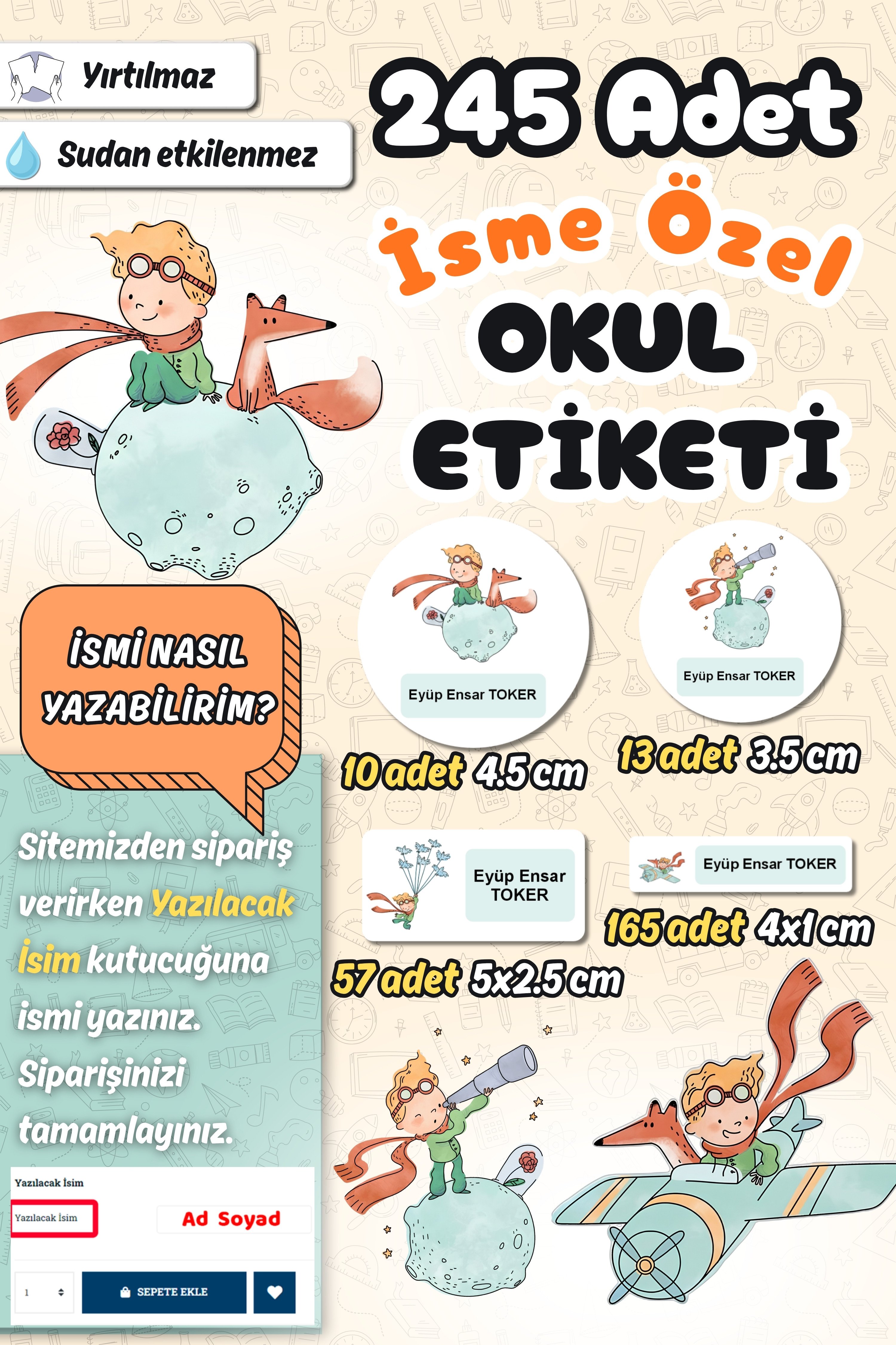Okul Etiketi Küçük Prens Temalı Kalem Defter Etiketi Özel İsim Yazılabilen Etiket 245 Adet İsim Etiketi