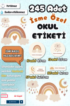 Okul Etiketi Boho Gökkuşağı Temalı Kalem Defter Etiketi Özel İsim Yazılabilen Etiket 245 Adet İsim Etiketi