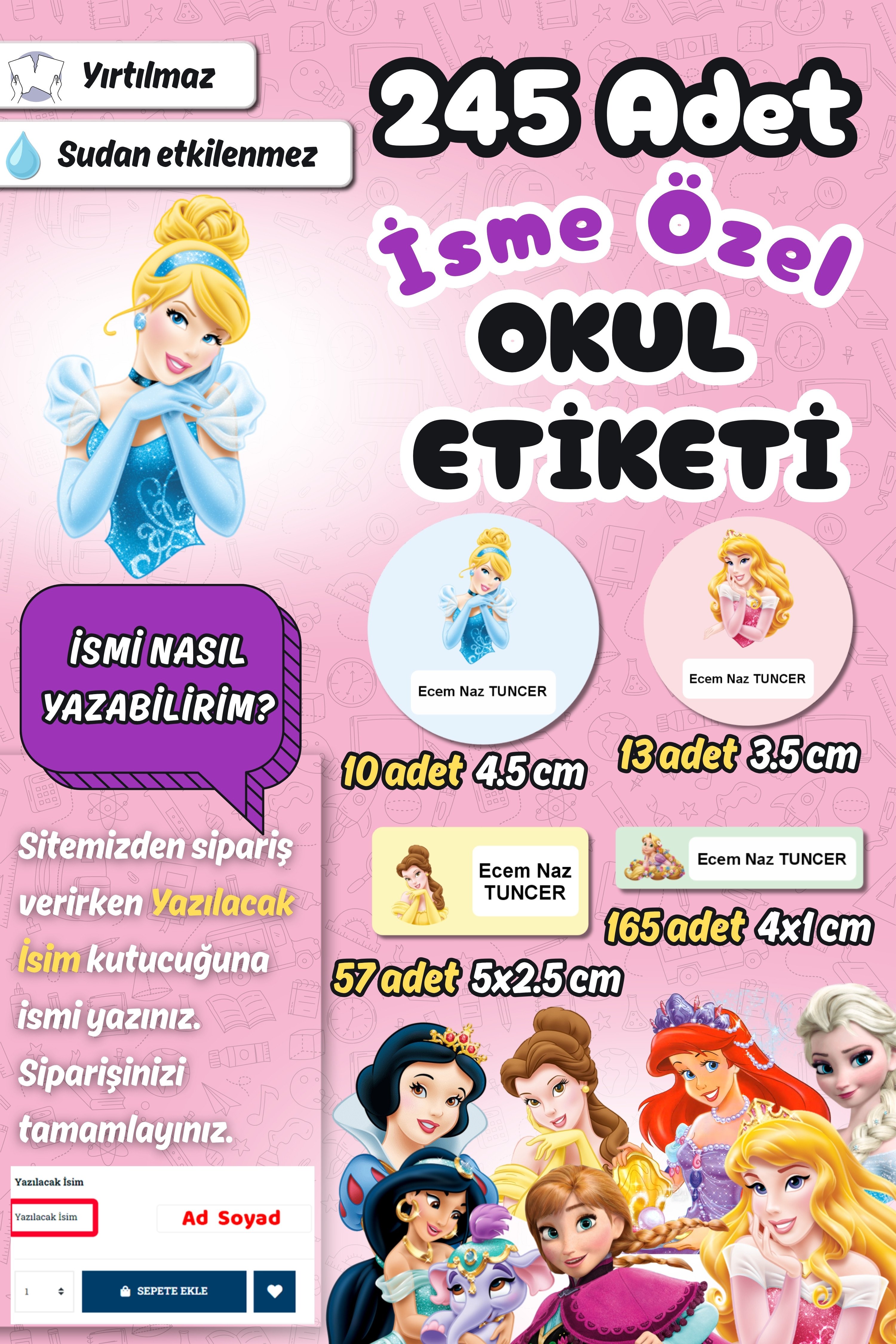 Okul Etiketi Prenses Temalı Kalem Defter Etiketi Özel İsim Yazılabilen Etiket 245 Adet İsim Etiketi