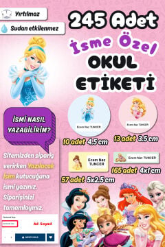 Okul Etiketi Prenses Temalı Kalem Defter Etiketi Özel İsim Yazılabilen Etiket 245 Adet İsim Etiketi
