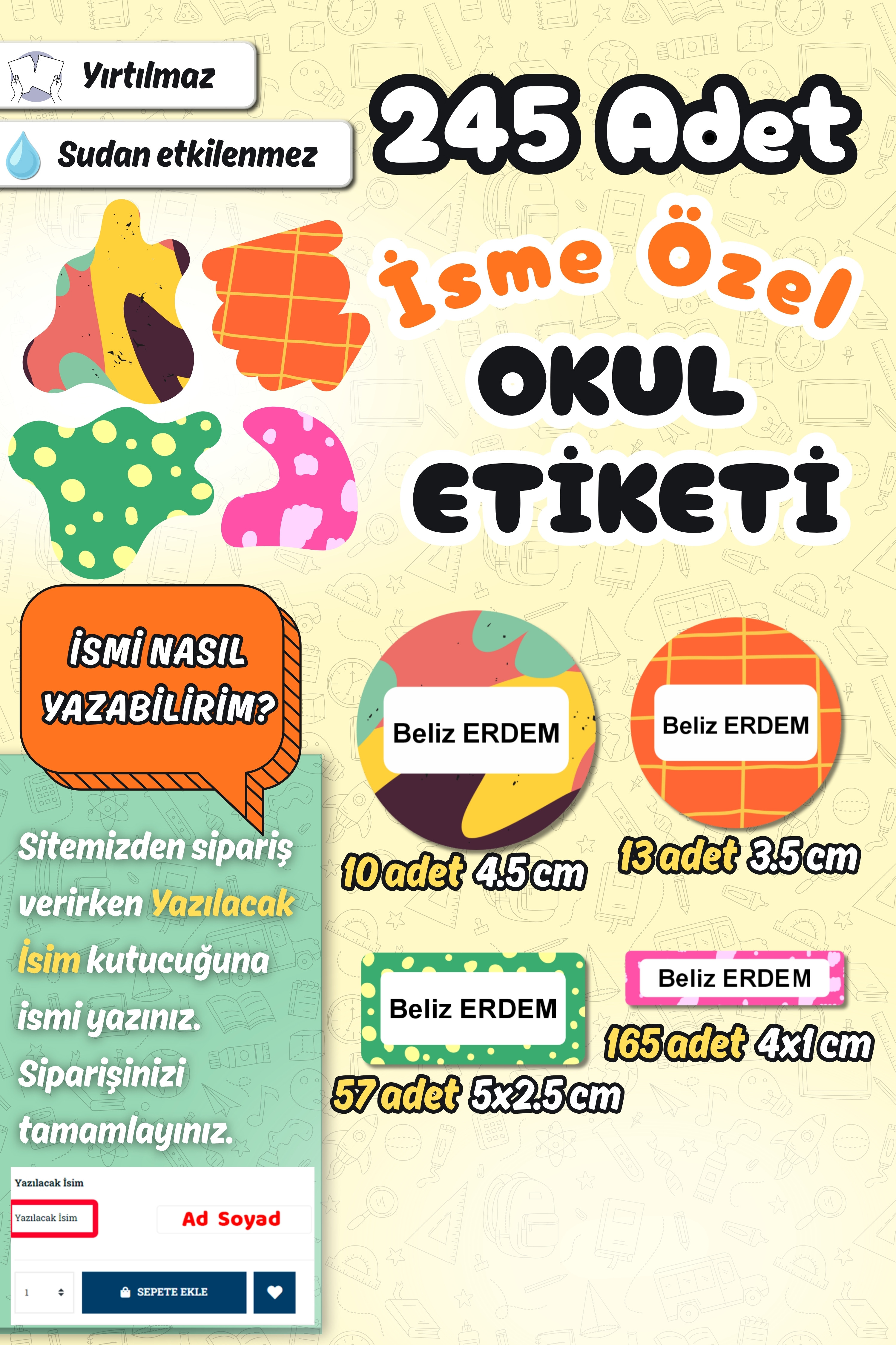 Okul Etiketi Desenli Kalem Defter Etiketi Özel İsim Yazılabilen Etiket 245 Adet İsim Etiketi