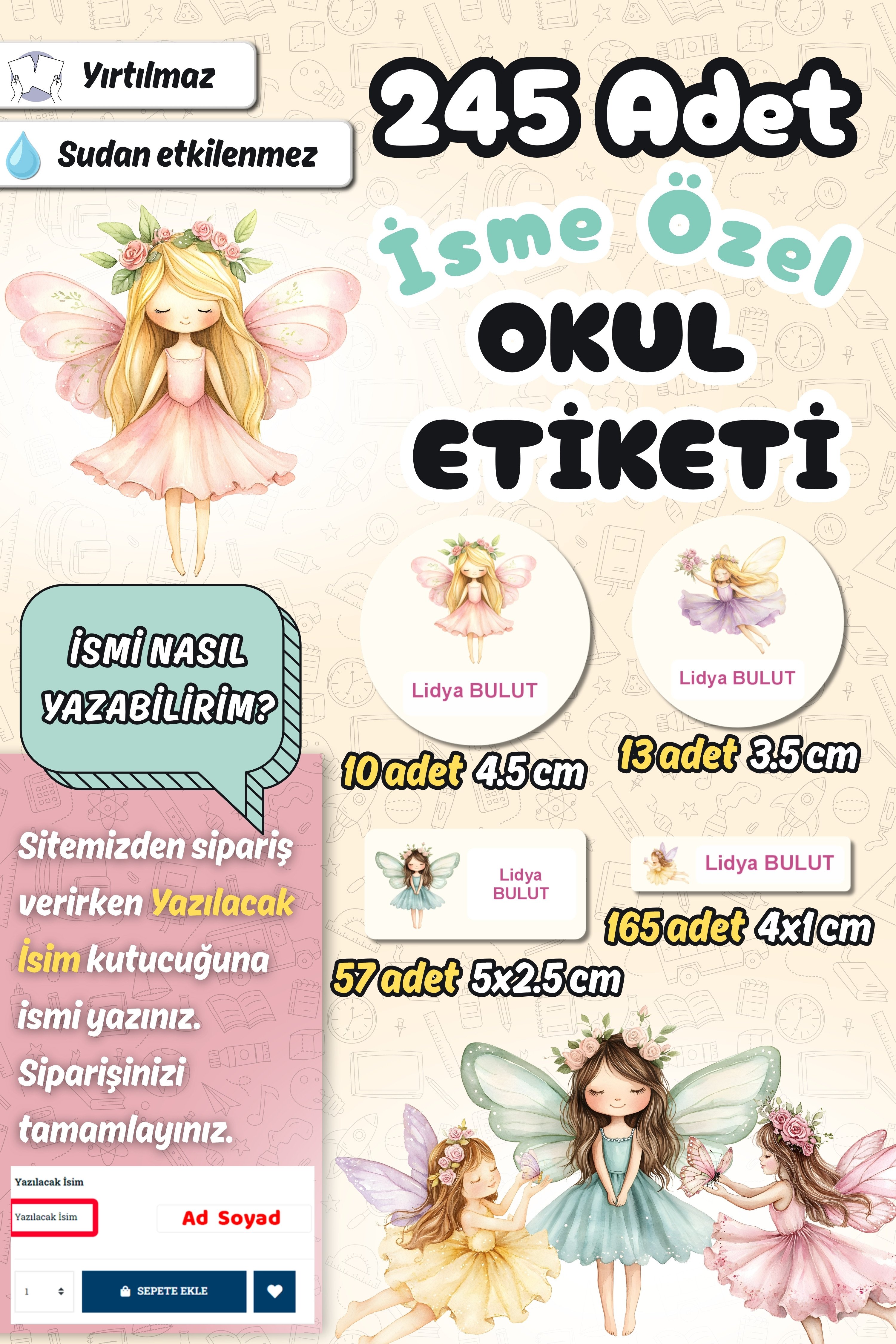 Okul Etiketi Renkli Peri Kızları Kalem Defter Etiketi Özel İsim Yazılabilen Etiket 245 Adet İsim Etiketi