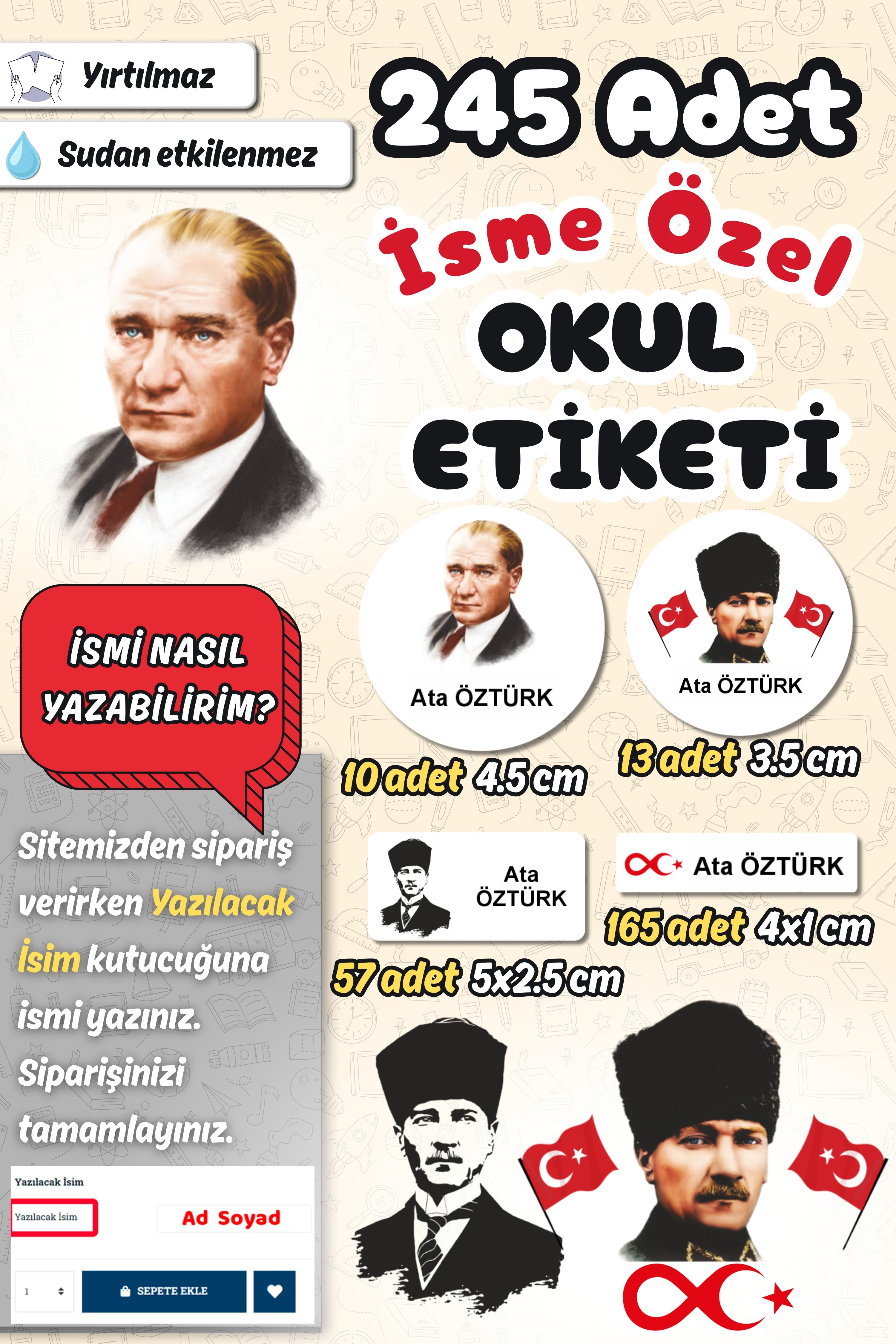 Okul Etiketi Atatürk Temalı Kalem Defter Etiketi Özel İsim Yazılabilen Etiket 245 Adet İsim Etiketi