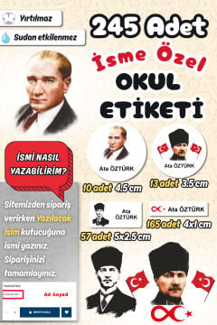 Okul Etiketi Atatürk Temalı Kalem Defter Etiketi Özel İsim Yazılabilen Etiket 245 Adet İsim Etiketi