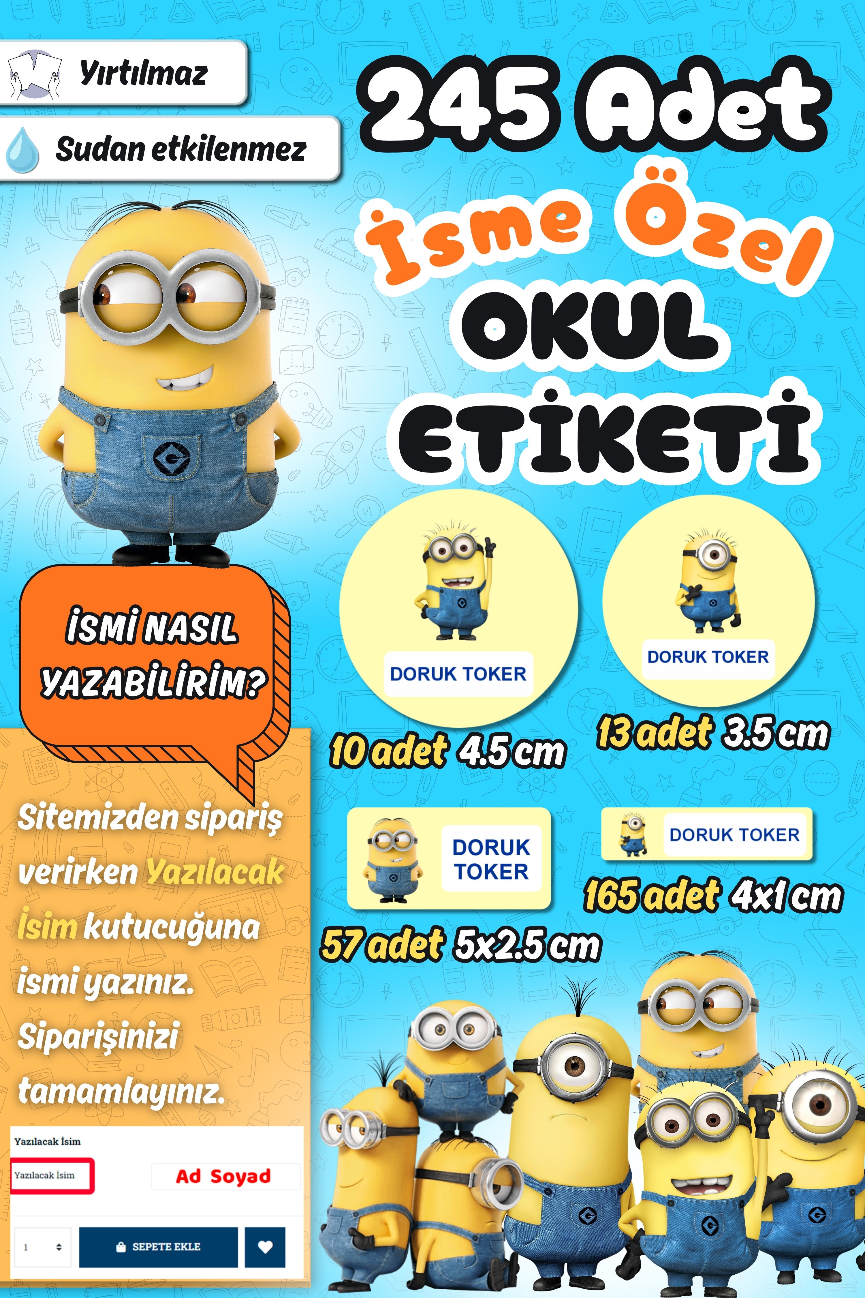 Okul Etiketi Minions Minyonlar Temalı Kalem Defter Etiketi Özel İsim Yazılabilen Etiket 245 Adet İsim Etiketi