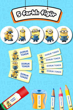 Okul Etiketi Minions Minyonlar Temalı Kalem Defter Etiketi Özel İsim Yazılabilen Etiket 245 Adet İsim Etiketi