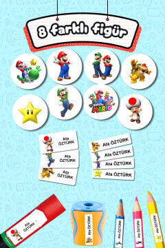 Okul Etiketi Super Mario Kalem Defter Etiketi Özel İsim Yazılabilen Etiket 245 Adet İsim Etiketi