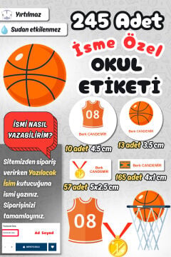 Okul Etiketi Basketbol Temalı Kalem Defter Etiketi Özel İsim Yazılabilen Etiket 245 Adet İsim Etiketi