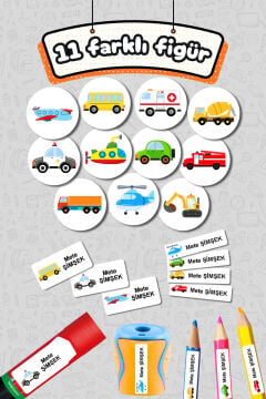 Okul Etiketi Taşıtlar Temalı Kalem Defter Etiketi Özel İsim Yazılabilen Etiket 245 Adet İsim Etiketi