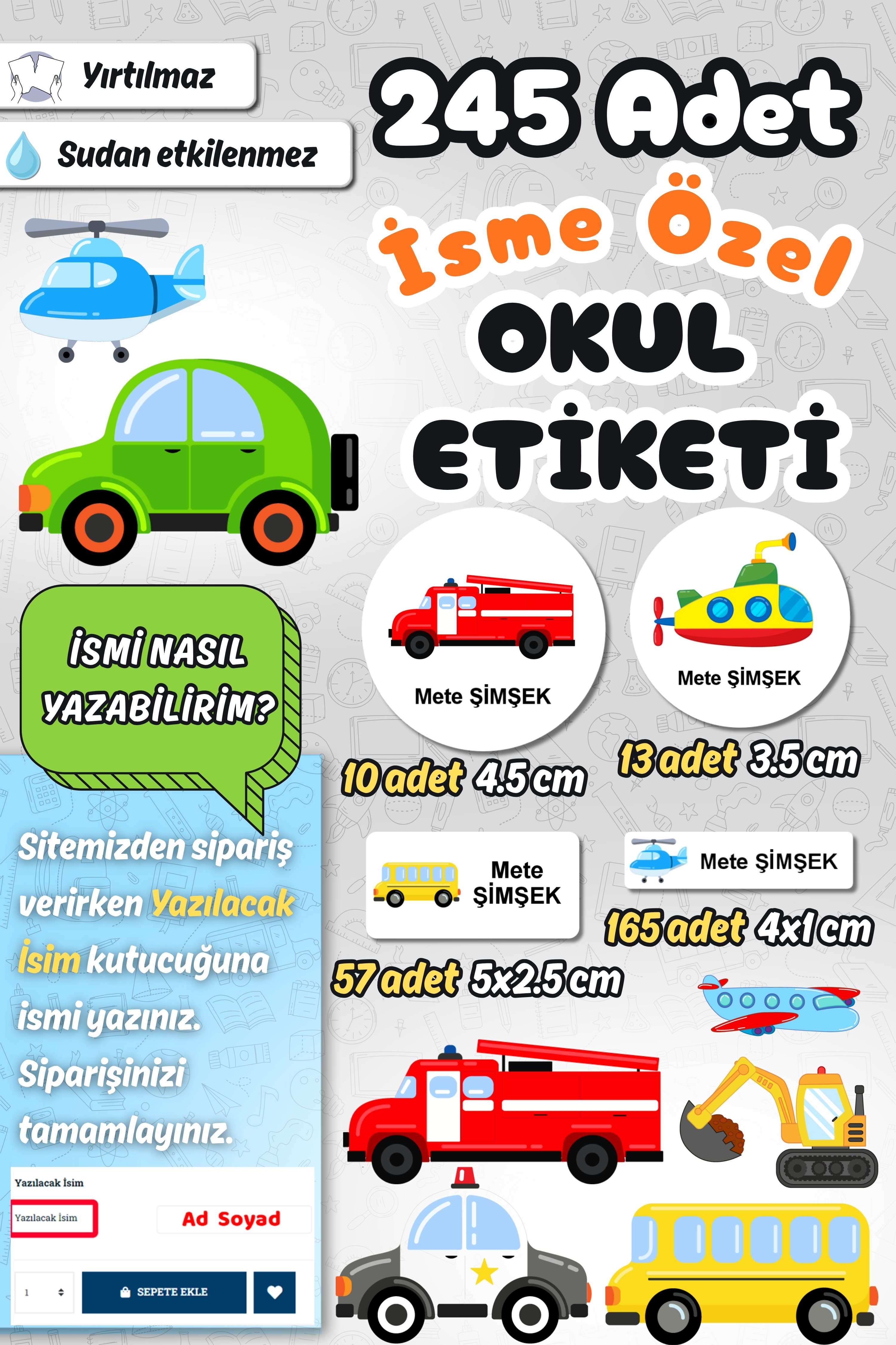 Okul Etiketi Taşıtlar Temalı Kalem Defter Etiketi Özel İsim Yazılabilen Etiket 245 Adet İsim Etiketi