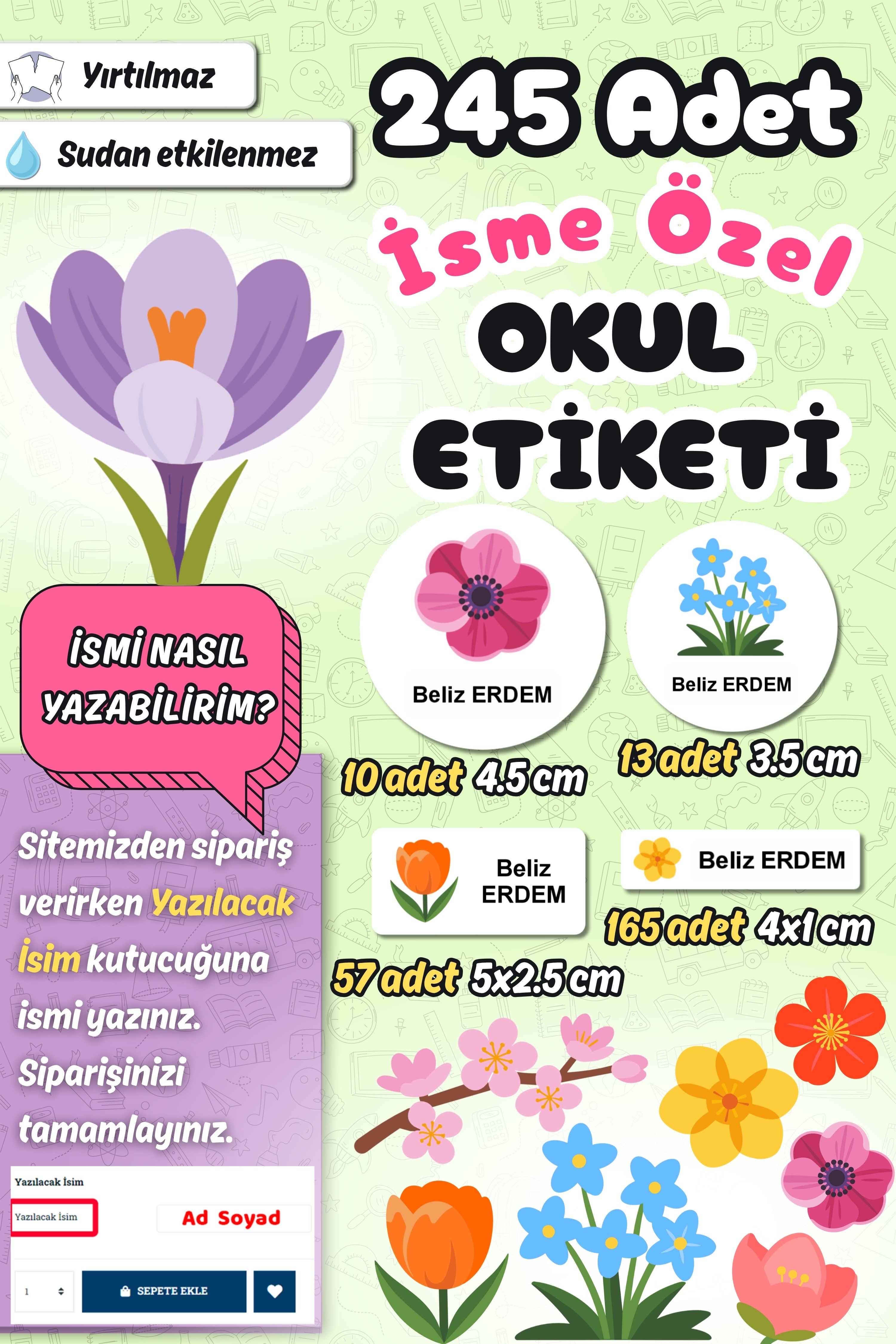 Okul Etiketi Çiçek Temalı Kalem Defter Etiketi Özel İsim Yazılabilen Etiket 245 Adet İsim Etiketi