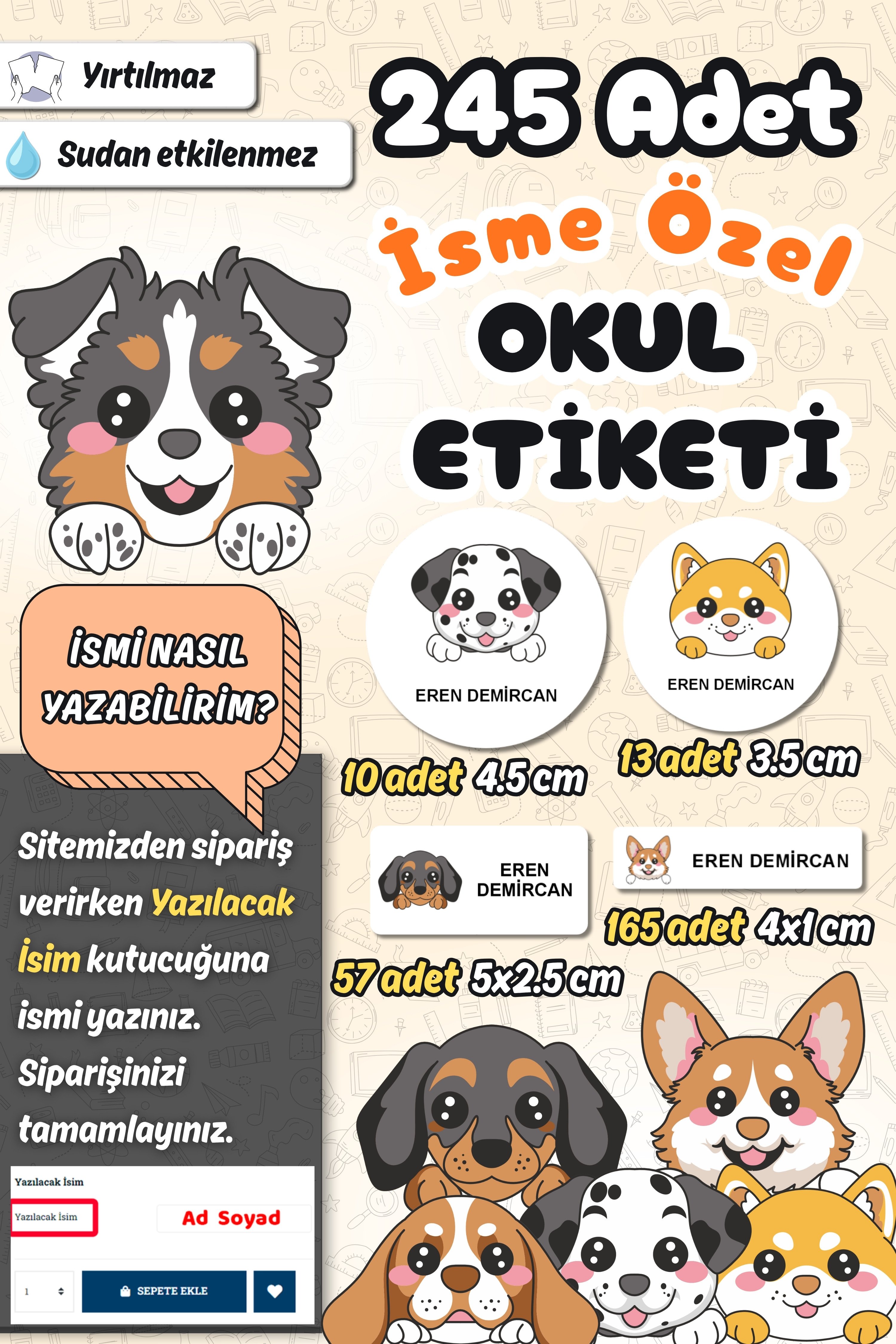 Okul Etiketi Sevimli Köpekler Kalem Defter Etiketi Özel İsim Yazılabilen Etiket 245 Adet İsim Etiketi