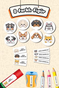 Okul Etiketi Sevimli Köpekler Kalem Defter Etiketi Özel İsim Yazılabilen Etiket 245 Adet İsim Etiketi