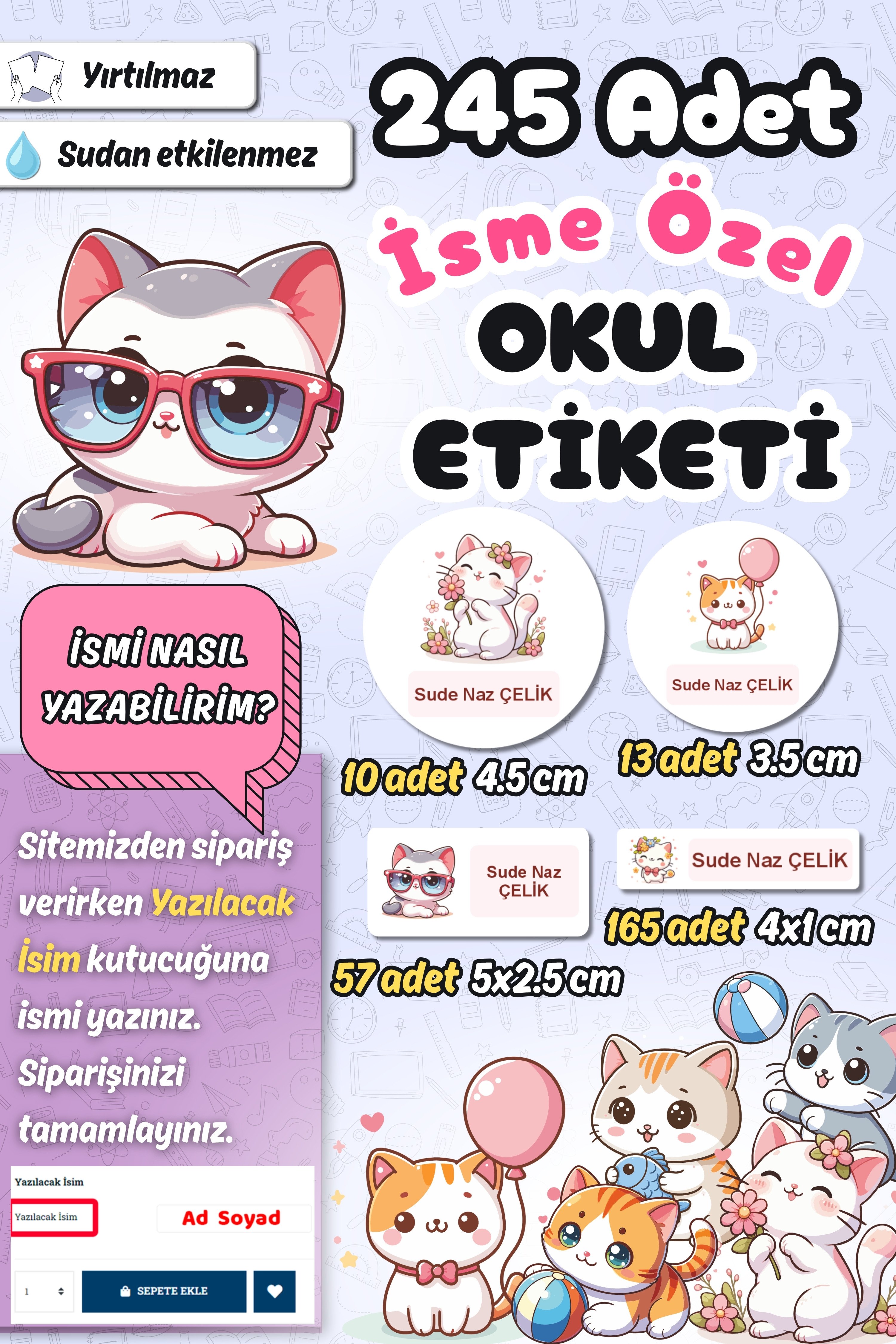 Okul Etiketi Şirin Kediler Kalem Defter Etiketi Özel İsim Yazılabilen Etiket 245 Adet İsim Etiketi