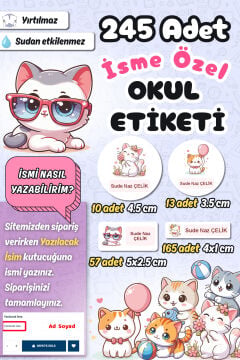 Okul Etiketi Şirin Kediler Kalem Defter Etiketi Özel İsim Yazılabilen Etiket 245 Adet İsim Etiketi